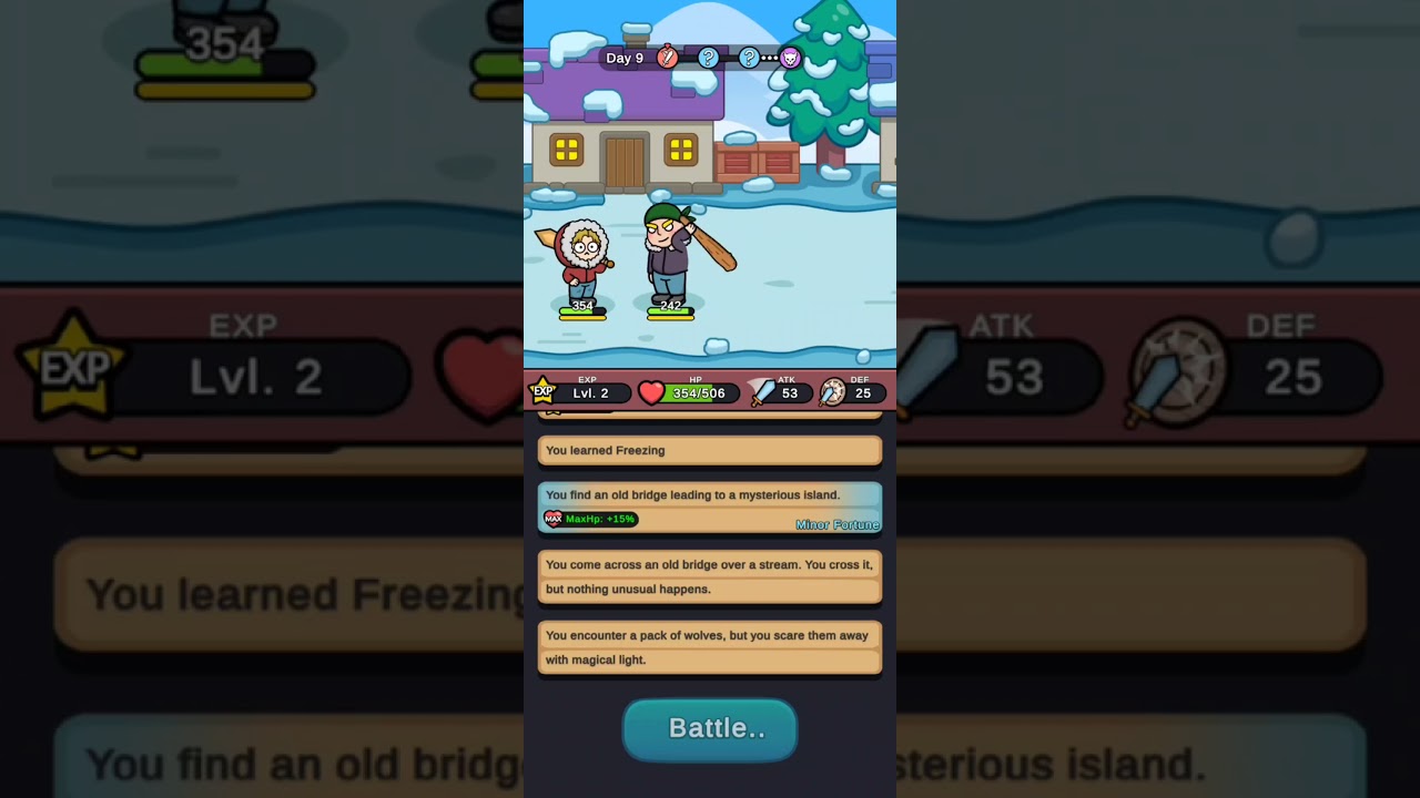 Frosty Brawler Go mobile journey and combat screen